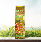 Bao bì Trà Búp Truyền Thống 200g màu vàng và xanh trên nền đồi chè.