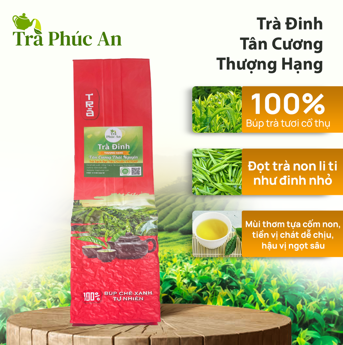 Ảnh giới thiệu Trà Đinh Tân Cương Thượng Hạng với bao bì đỏ, búp chè xanh và chén nước trà vàng.