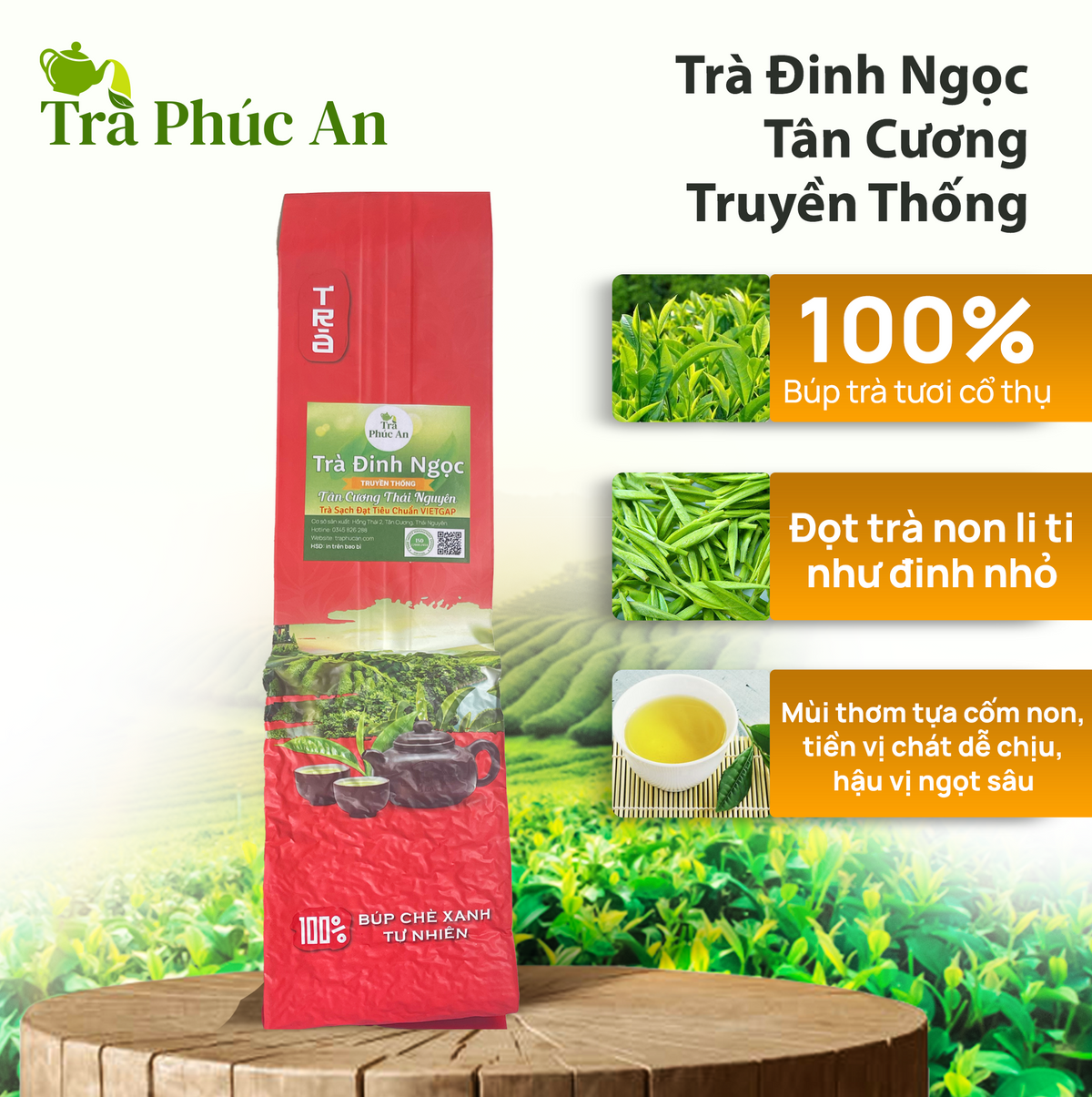Ảnh giới thiệu Trà Đinh Ngọc Tân Cương với bao bì đỏ, hình búp chè xanh và chén nước trà vàng.