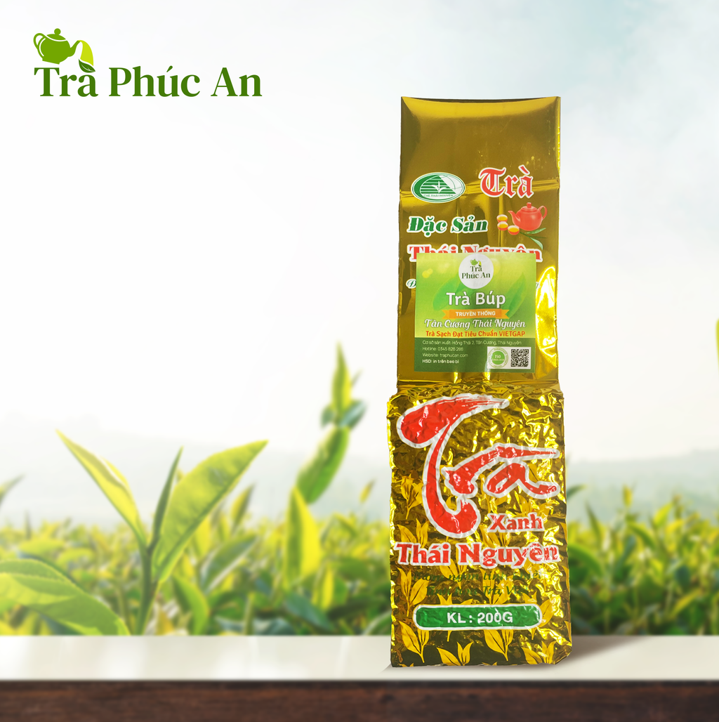 Gói Trà Búp Truyền Thống Phúc An 200g màu vàng, nhãn xanh, in chữ Trà đỏ ở mặt trước.