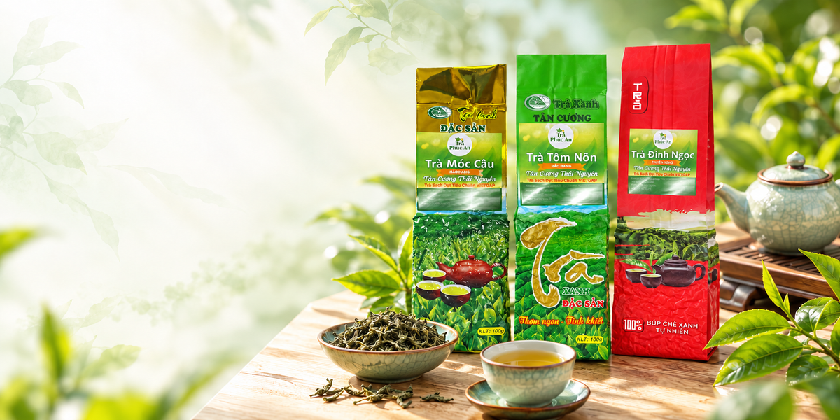 Minh hoạ thương hiệu từ bao bì trà Phúc An hiện có, cùng chén trà và lá trà trên nền xanh ngà
